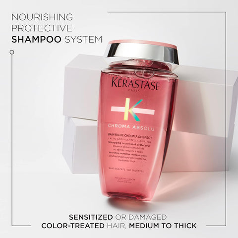 Kerastase Chroma Absolu Chroma Respect Shampoo Riche & Mask Set For Sensitized or Damaged Color-Treated Hair - Strengthens, Protects and Nourishes With Lactic Acid