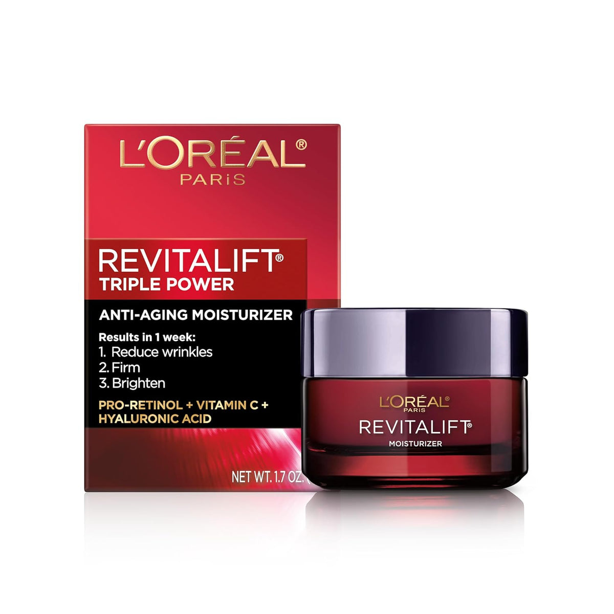 L'Oreal Paris Revitalift Triple Power Anti-Aging Face Moisturizer, Pro Retinol, Hyaluronic Acid & Vitamin C, Reduce Wrinkles, Fragrance Free 1.7 Oz