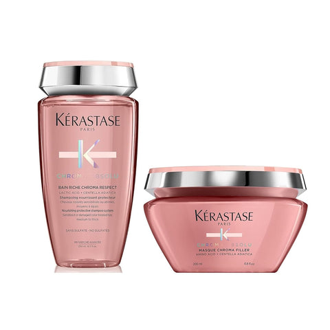 Kerastase Chroma Absolu Chroma Respect Shampoo Riche & Mask Set For Sensitized or Damaged Color-Treated Hair - Strengthens, Protects and Nourishes With Lactic Acid