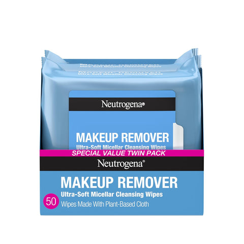 Neutrogena Makeup Remover Wipes, Ultra-Soft Cleansing Facial Towelettes for Waterproof Makeup, Alcohol-Free, Plant-Based, 50 Count (2 Packs of 25)