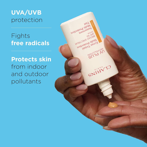 Clarins UV Plus Anti-Pollution, Broad Spectrum SPF 50 Tinted Face Sunscreen | Sheer Finish | Lightweight and Oil-Free | Triple Protection From UVA/UVB Rays, Free Radicals and Pollutants