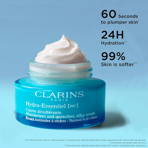 Clarins Hydra-Essentiel Silky Cream|Intensely Hydrating Moisturizer|60 Seconds to Plumper Skin*|Nourishes, Comforts and Softens|Double Dose Hyaluronic Acid|Normal-Dry Skin|1.7 Ounces